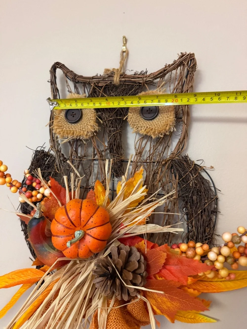 Rustic Fall Owl Grapevine Wreath 16in Autumn Harvest Pumpkin Berries - FALL